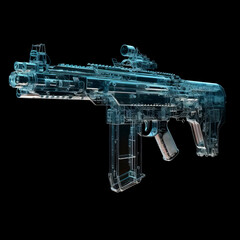 Modern automatic rifle with a silencer and a collimator sight on a dark background. Tactical submachine gun.