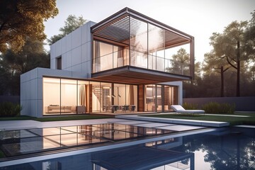 Modern white luxury home with pool and garden, generative ai