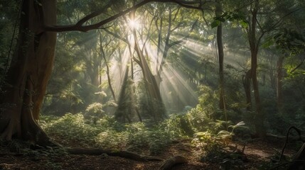 Old beautiful forest with sunlight filtering through the dense vegetation, generative ai