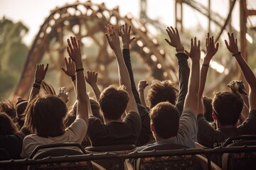 Thrilling emotions at the rollercoaster with young people raising their arms, generative ai