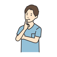顎に人差し指をあてて悩む看護師の男性のイラスト