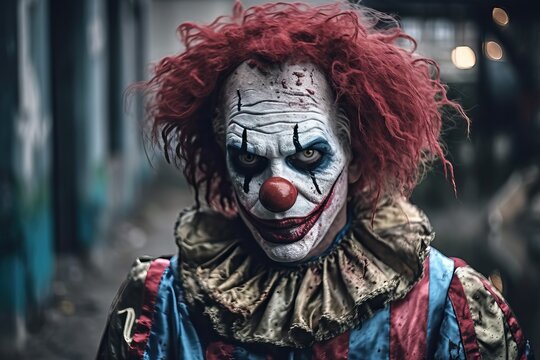Scary criminal clown with a spooky disheveled look, generative ai