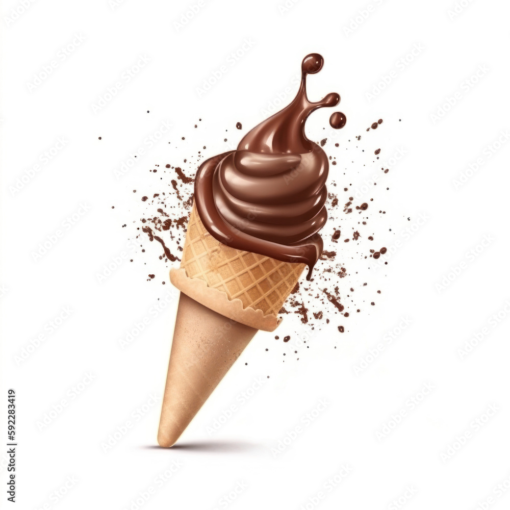 Poster chocolate ice cream dessert cone with splash, vector realistic ad with choco splashing. generative a
