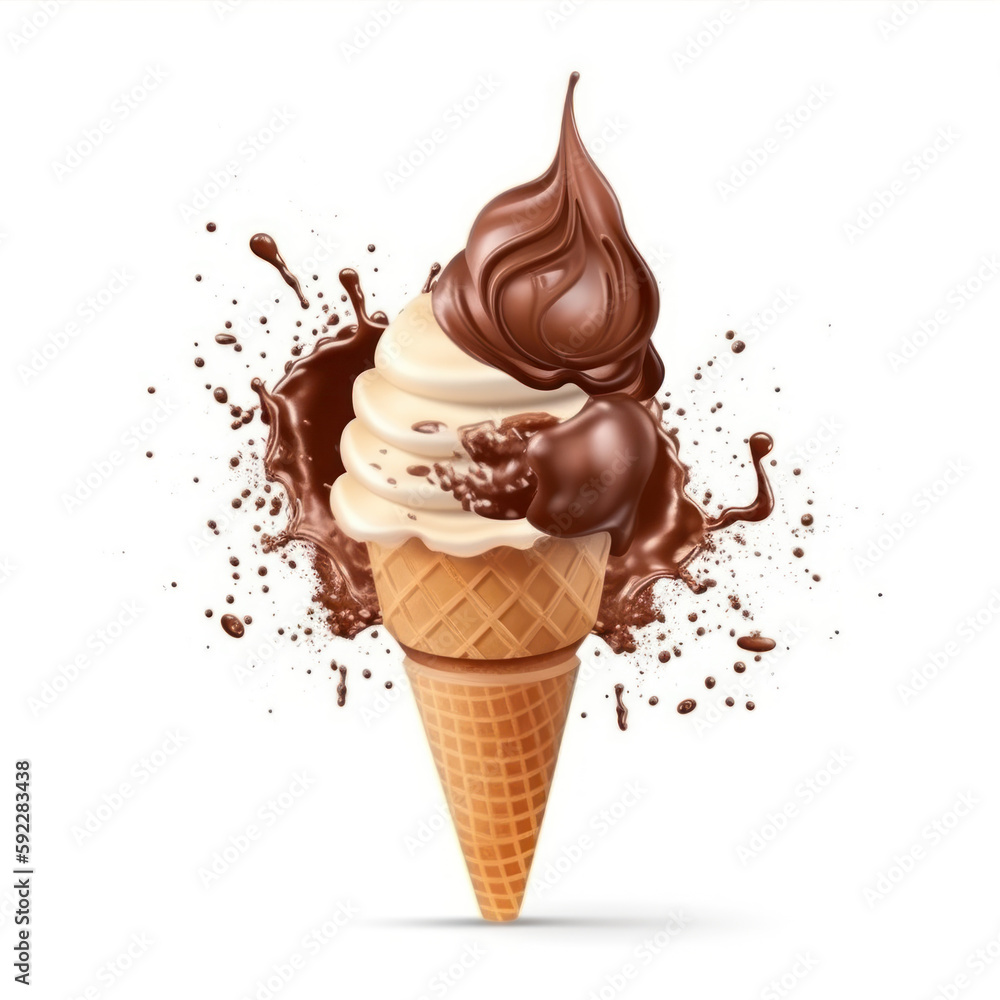 Poster chocolate ice cream dessert cone with splash, vector realistic ad with choco splashing. chocolate ic