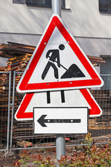 Road works traffic signs at the construction site