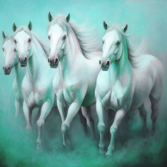 Obraz na płótnie Canvas Four free white horses are galloping.