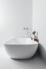 Fototapeta na wymiar A white bathtub in a white bathroom with a plant on the wall Generative AI