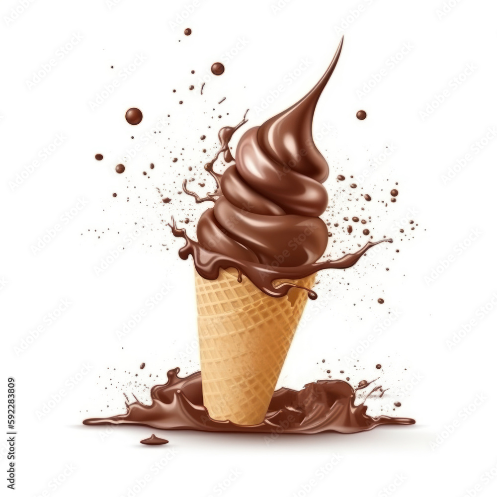 Poster chocolate ice cream dessert cone with splash, vector realistic ad with choco splashing. generative a