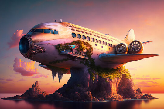 A large airplane crashed plane in the desert on sunset, catastrophe, AI Generative.