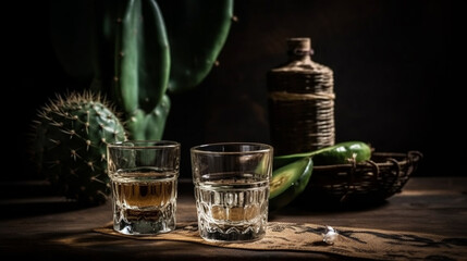 mexican hat, tequila glass, cactus - obrazy, fototapety, plakaty