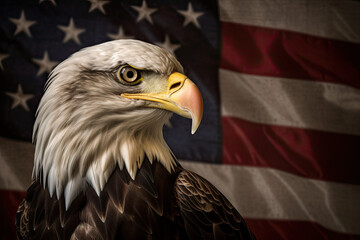 Bald eagle portrait on the USA flag background. Independence Day concept. Generative AI