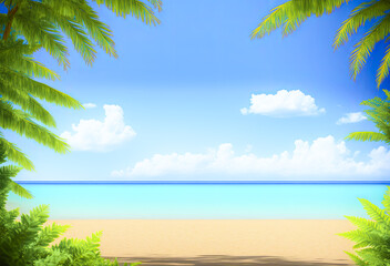 Beautiful beach with white sand, turquoise ocean water and blue sky with clouds in sunny day. Panoramic view. Natural background for summer vacation. Generative AI