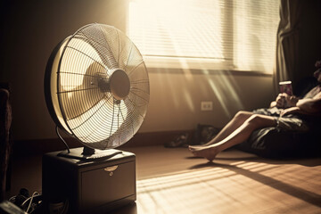 Working fan in the summer. A man sits in room on chair exhausted from the heat. Generative AI
