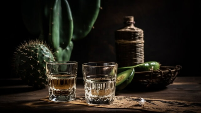 mexican hat, tequila glass, cactus