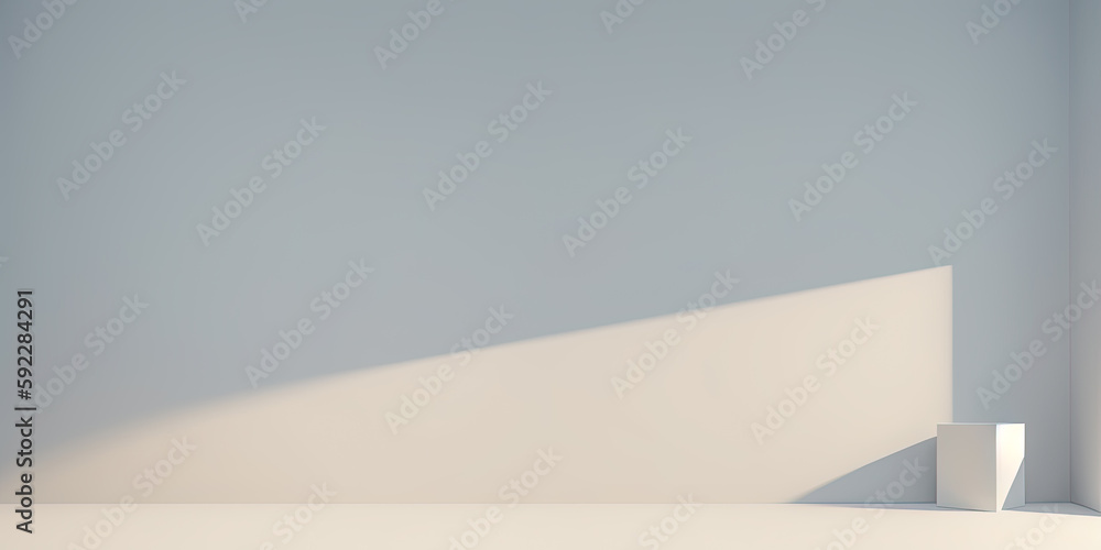 Poster Minimal abstract light gray background for product presentation. Shadow and light from windows on plaster wall. Generative AI