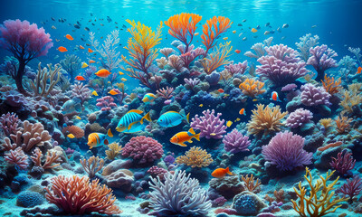 Fototapeta na wymiar Underwater world. Coral reef and fishes. Underwater coral reef background. Tropical sea underwater fishes on coral reef. Aquarium oceanarium wildlife. colorful snorkel diving. Generative AI
