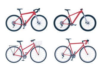 Gravel, road, mountain, city bikes. Set of different eco-friendly vehicles. Bicycle collection. Isolated vector illustration