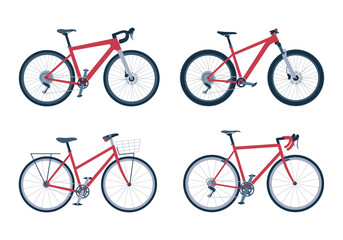 Obraz premium Gravel, road, mountain, city bikes. Set of different eco-friendly vehicles. Bicycle collection. Isolated vector illustration