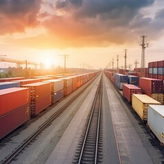 Obraz premium freight train at sunset with containers. generative ai