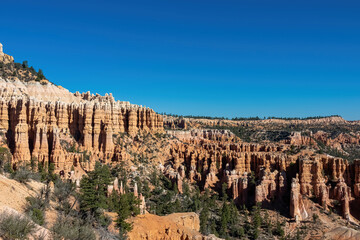 Panoramic aerial view on sandstone rock formations on Fairyland Rim hiking trail in Bryce Canyon National Park, Utah, UT, USA. Looking at pine tree forest and hoodoo rocks in natural amphitheatre