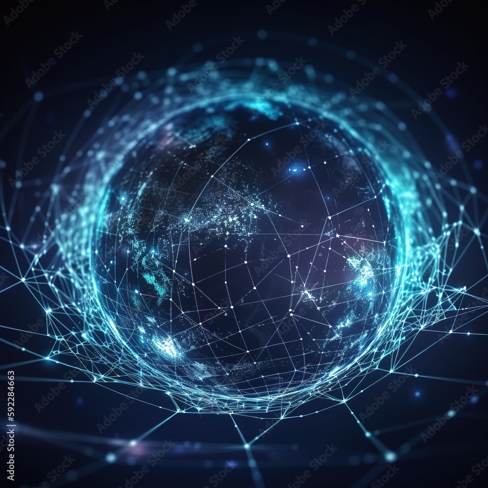 Poster earth globe network connections and abstract background with glowing lights. generative ai