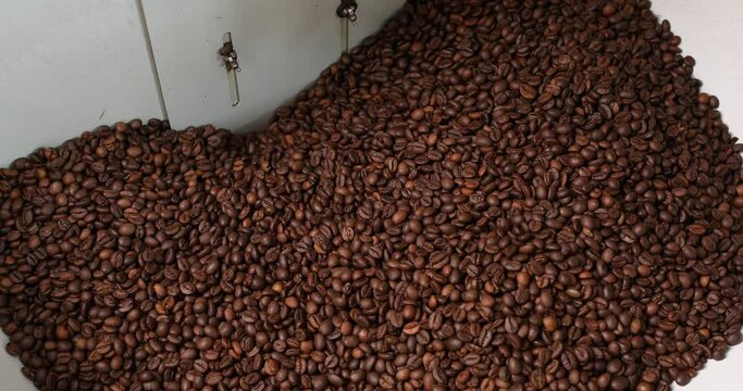 Innovative coffee roaster. Coffee in a vat during roasting. Close-up. Lots of coffee in the vat.