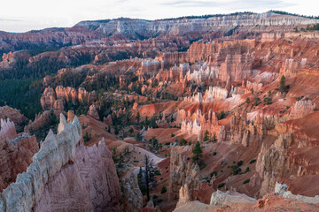 Panoramic aerial morning sunrise view on sandstone rock formations on Navajo Rim hiking trail in Bryce Canyon National Park, Utah, USA. Golden hour colored hoodoo rocks in unique natural amphitheatre