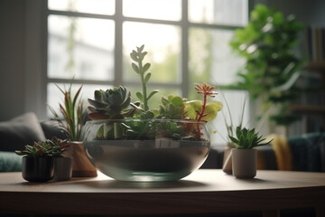 plants and greenery to add a pop of color and life to your living room plants or a small herb garden on a windowsill, Generative AI	