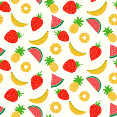 Cute summer Fruits seamless pattern with strawberry, banana, Pineapple and watermelon on white background . For summer textile, fabric and wrapping paper 