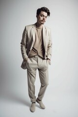Fototapeta na wymiar A model wears a grey suit and a beige shirt Generative AI