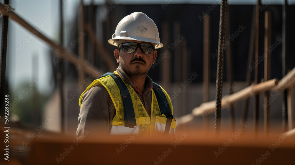 Poster construction worker in hardhat at construction site, ai generative image