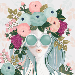 Vector illustration of a girl wearing sunglasses and with flowers in her hair. 