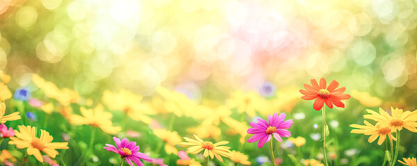 Obraz na płótnie Canvas Summer spring natural flower background banner. Wildflowers on bright sunny day with beautiful bokeh. Sunny garden in sunlight on nature outdoors. wide banner format. Generative AI