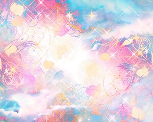 Fototapeta na wymiar カラフルな薔薇のペン画フレームと宇宙に漂う美しい虹色の雲海の夢可愛いファンタジー背景イラスト 