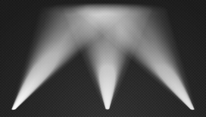 Three white searchlights in the air. Cone volumetric lights from bottom with darkened edges. Spotlight effect on dark background. Empty studio or concert scene. 3d rendering.