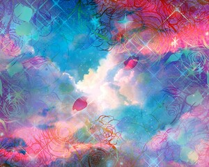 カラフルな薔薇のペン画フレームと宇宙に漂う美しい虹色の雲海の夢可愛いファンタジー背景イラスト	