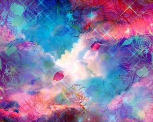 カラフルな薔薇のペン画フレームと宇宙に漂う美しい虹色の雲海の夢可愛いファンタジー背景イラスト	