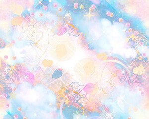 Fototapeta na wymiar カラフルな薔薇のペン画フレームと宇宙に漂う美しい虹色の雲海の夢可愛いファンタジー背景イラスト 