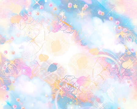 カラフルな薔薇のペン画フレームと宇宙に漂う美しい虹色の雲海の夢可愛いファンタジー背景イラスト	