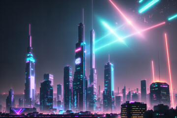 Futuristic cyberpunk cityscape with glowing neon lights.