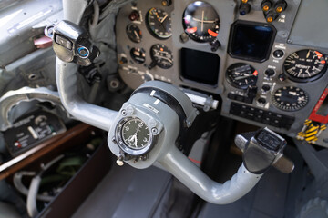 Control column of military aircraft Transall C-160 aviation cockpit