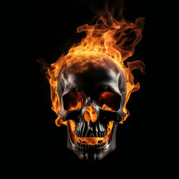 Human skull in flames in a black background, generative AI