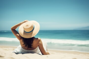 A view from the back of a black haired woman in a straw hat and white dress at the beach enjoying the sunny weather, generative AI