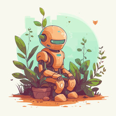 Cute cartoon robot tending the garden. Vector illustration of technology helping the environment. Earth day.
