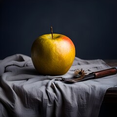 Jabłko na szmatce, martwa natura kompozycja na ciemnym tle, 3D renderowane - obrazy, fototapety, plakaty