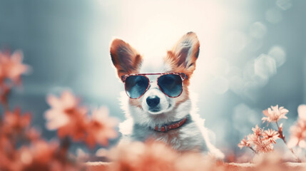 The Perfect Image: An Inspiring Puppy in Spring-Colored Glasses with Lots of Copyspace. AI Generated Art. Copyspace, Background, Wallpaper. Spring and Summer Vibes. Colourfull Animals.