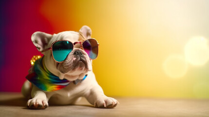 Fototapeta na wymiar The Creative Puppy in Spring-Colored Glasses: An Abstract Clip-Art Gem. AI Generated Art. Copyspace, Background, Wallpaper. Spring and Summer Vibes. Colourfull Animals.