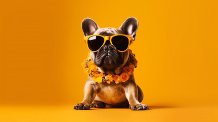 The Whimsical Puppy in Spring-Colored Glasses: An Abstract Clip-Art Wonder. AI Generated Art. Copyspace, Background, Wallpaper. Spring and Summer Vibes. Colourfull Animals.