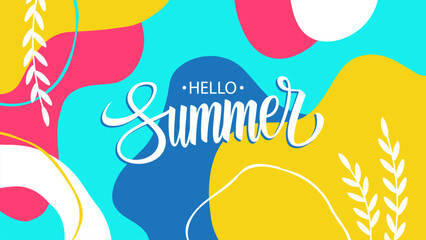 Hello Summer Banner. Summertime vibes seasonal background. Bright colors. Vector illustration.