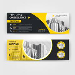 Yellow and Black color abstract corporate business banner template, horizontal advertising business banner layout template for website design